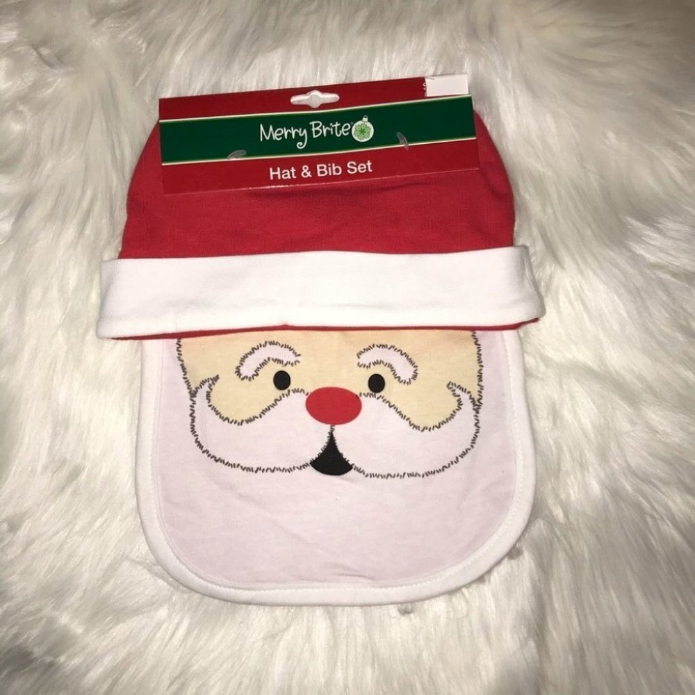 ✨✨5/$10✨✨ Merry Brite Santa's Face Baby Hat & Bib set New never worn